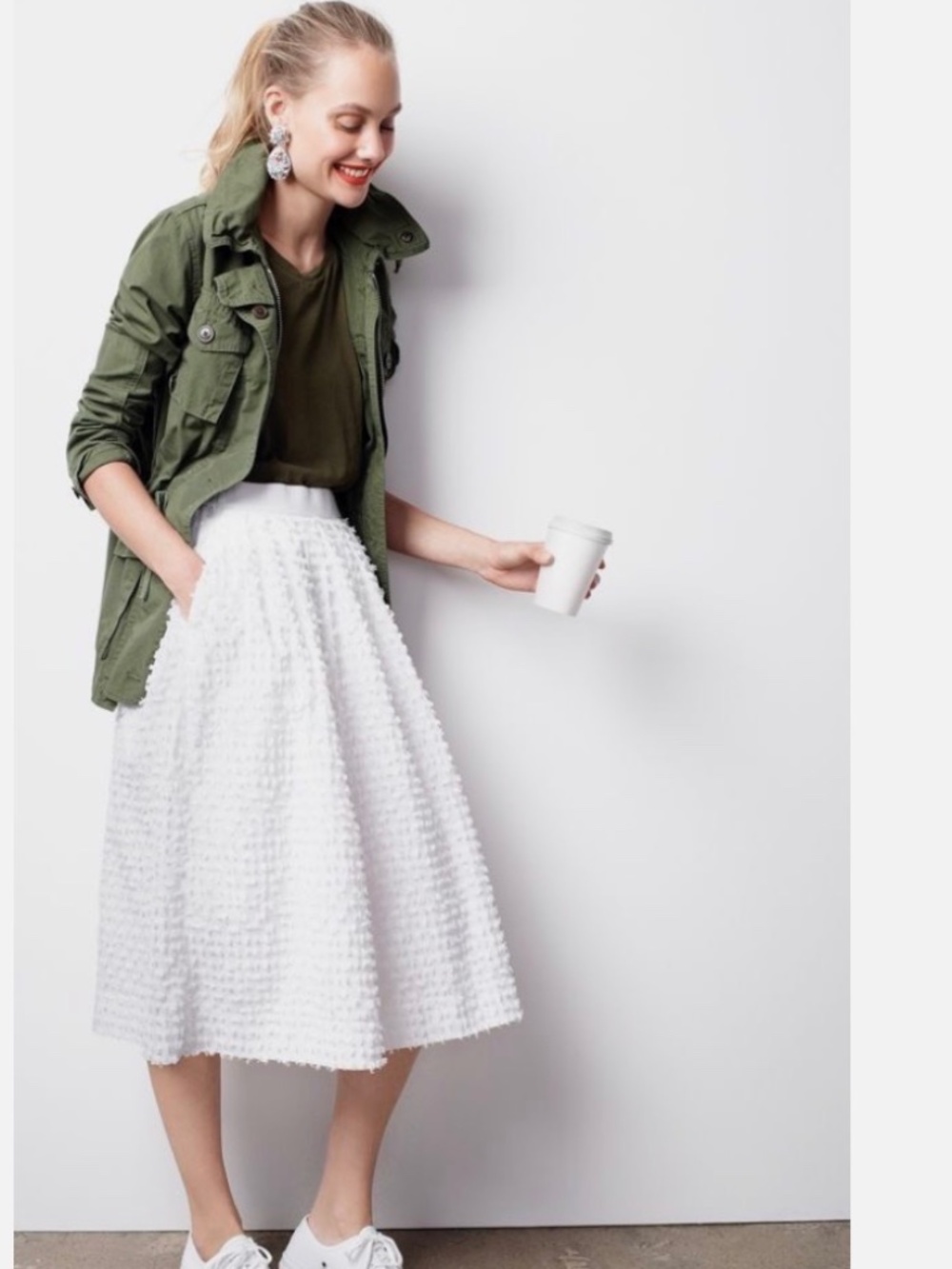 J Crew White Clip Dot Cotton Pull On Midi Skirt SZ 4